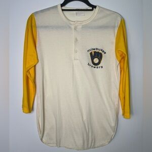 Vintage Milwaukee Brewers Cream Henley with Yellow Sleeves